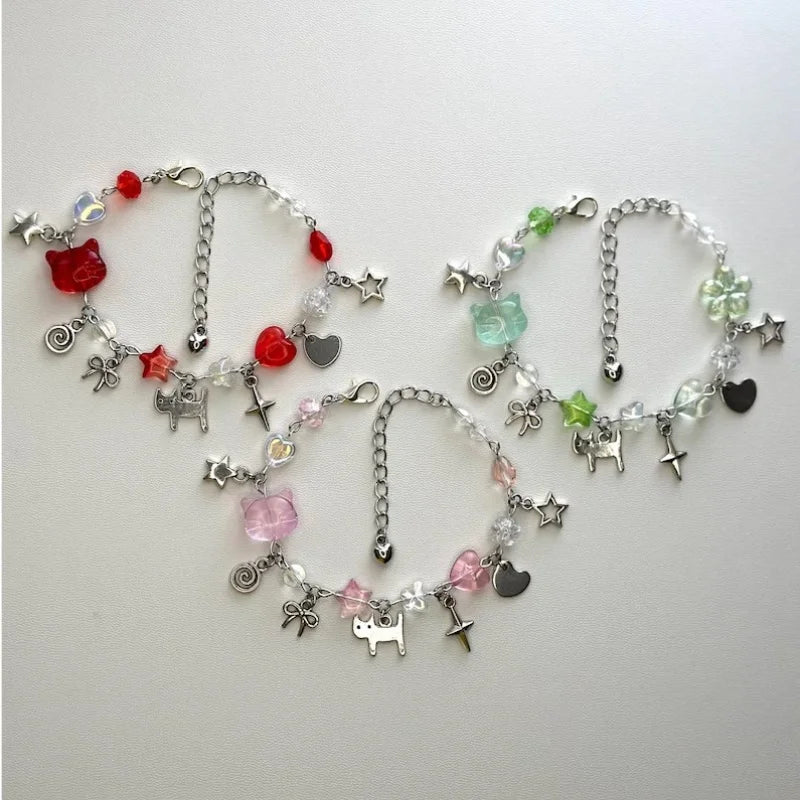 ๐ธ Y2K Trio Friendship Charm Bracelet โ Red, Pink & Green Garden Shed Aesthetic