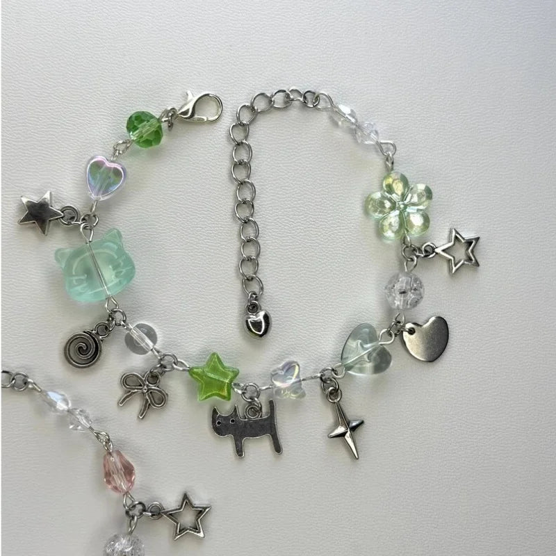 ๐ธ Y2K Trio Friendship Charm Bracelet โ Red, Pink & Green Garden Shed Aesthetic