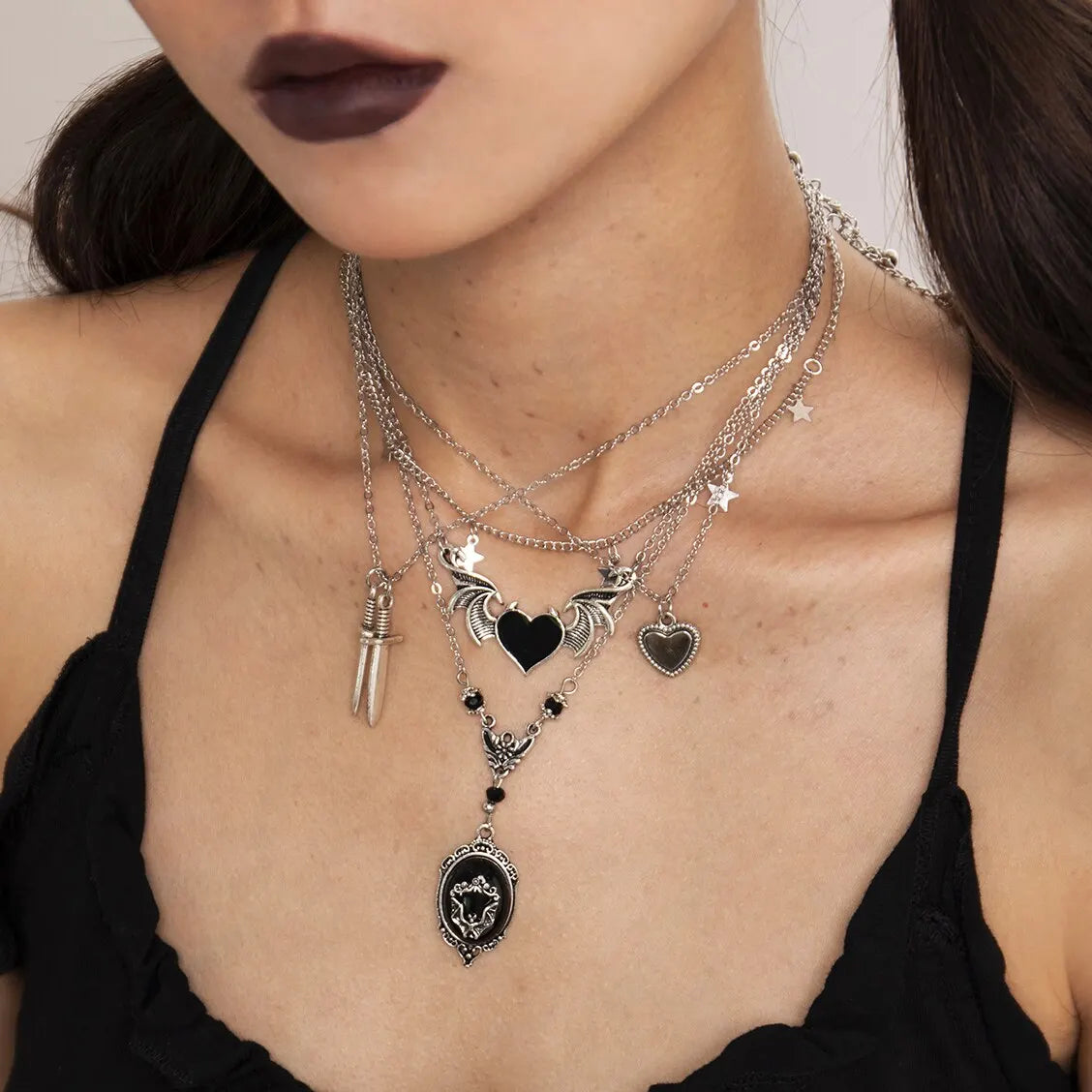 5Pcs Gothic Demon Wings & Sword Necklace – Silver Star Jewelry