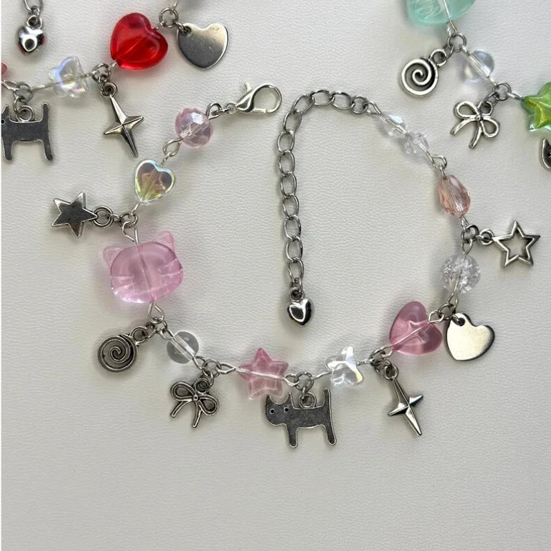 🌸 Y2K Trio Friendship Charm Bracelet – Red, Pink & Green Garden Shed Aesthetic