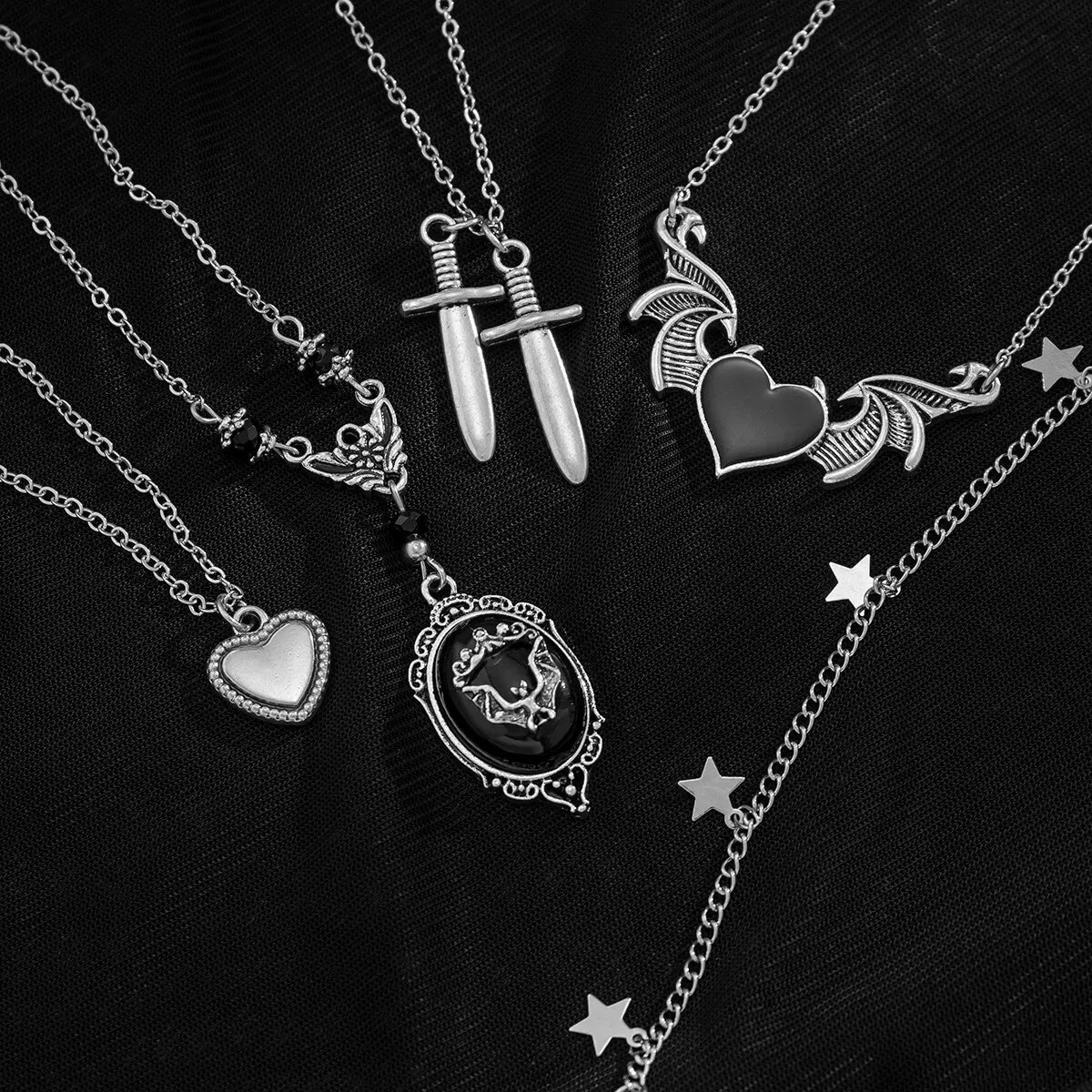 5Pcs Gothic Demon Wings & Sword Necklace – Silver Star Jewelry