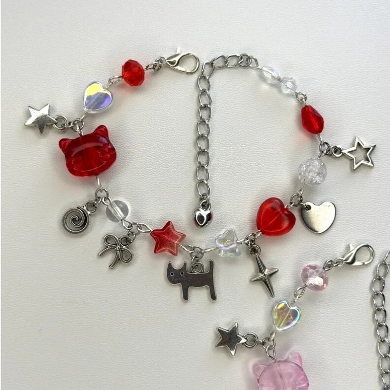 🌸 Y2K Trio Friendship Charm Bracelet – Red, Pink & Green Garden Shed Aesthetic