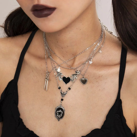 5Pcs Gothic Demon Wings & Sword Necklace – Silver Star Jewelry