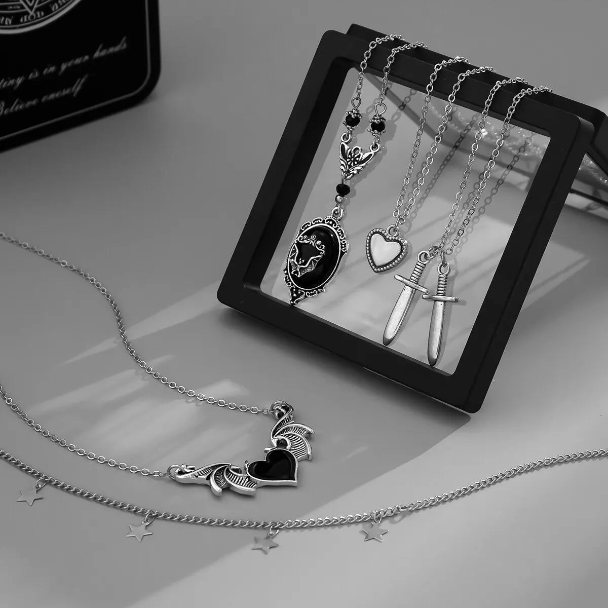 5Pcs Gothic Demon Wings & Sword Necklace – Silver Star Jewelry