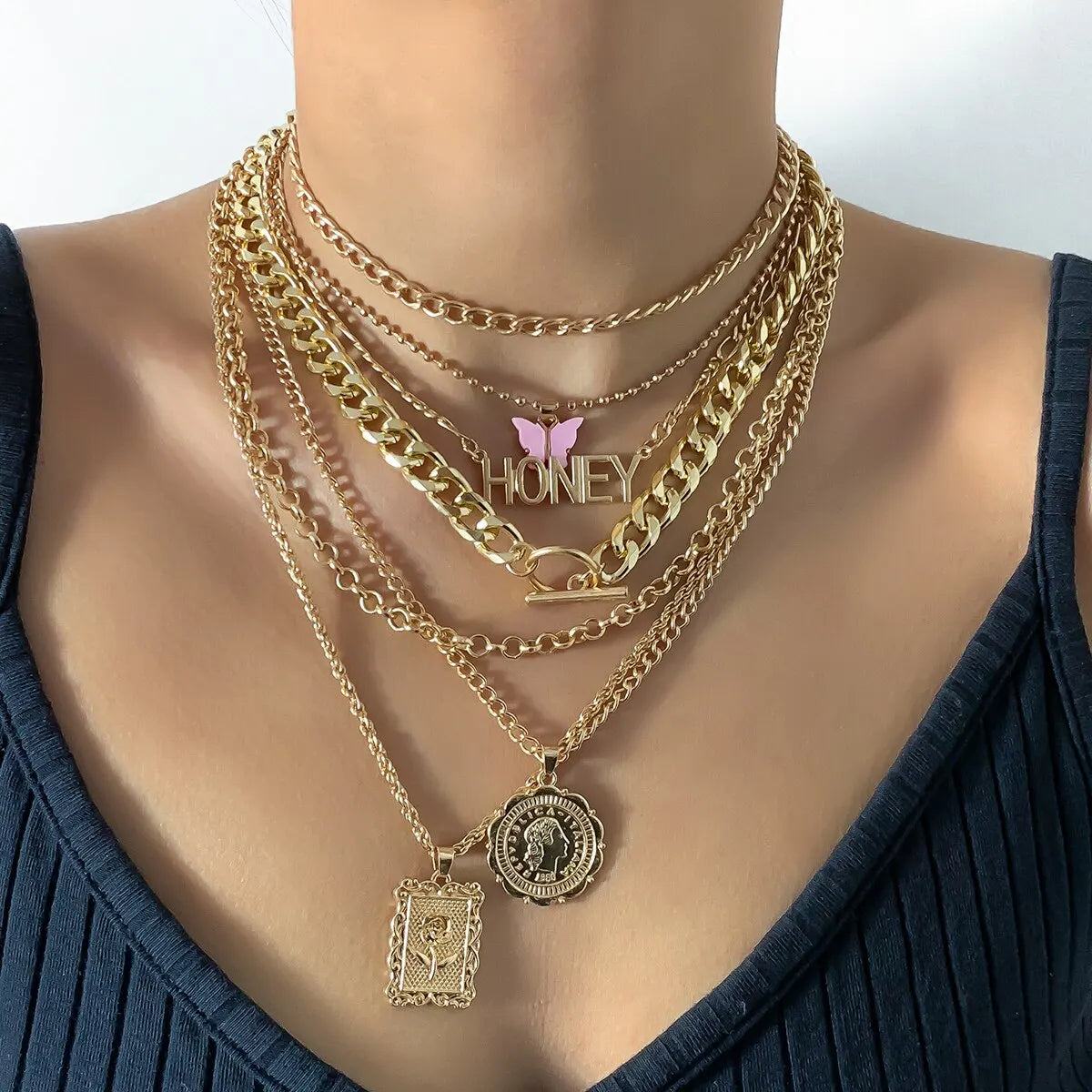 🦋 7Pcs Punk Butterfly & Flower Pendant Necklace – Vintage Grunge Jewelry